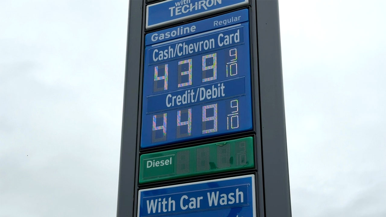 A Chevron gas station located at Palm Beach Lakes and Village boulevards in West Palm Beach, Florida, was selling gas for $4.39 using cash on March 17, 2026.