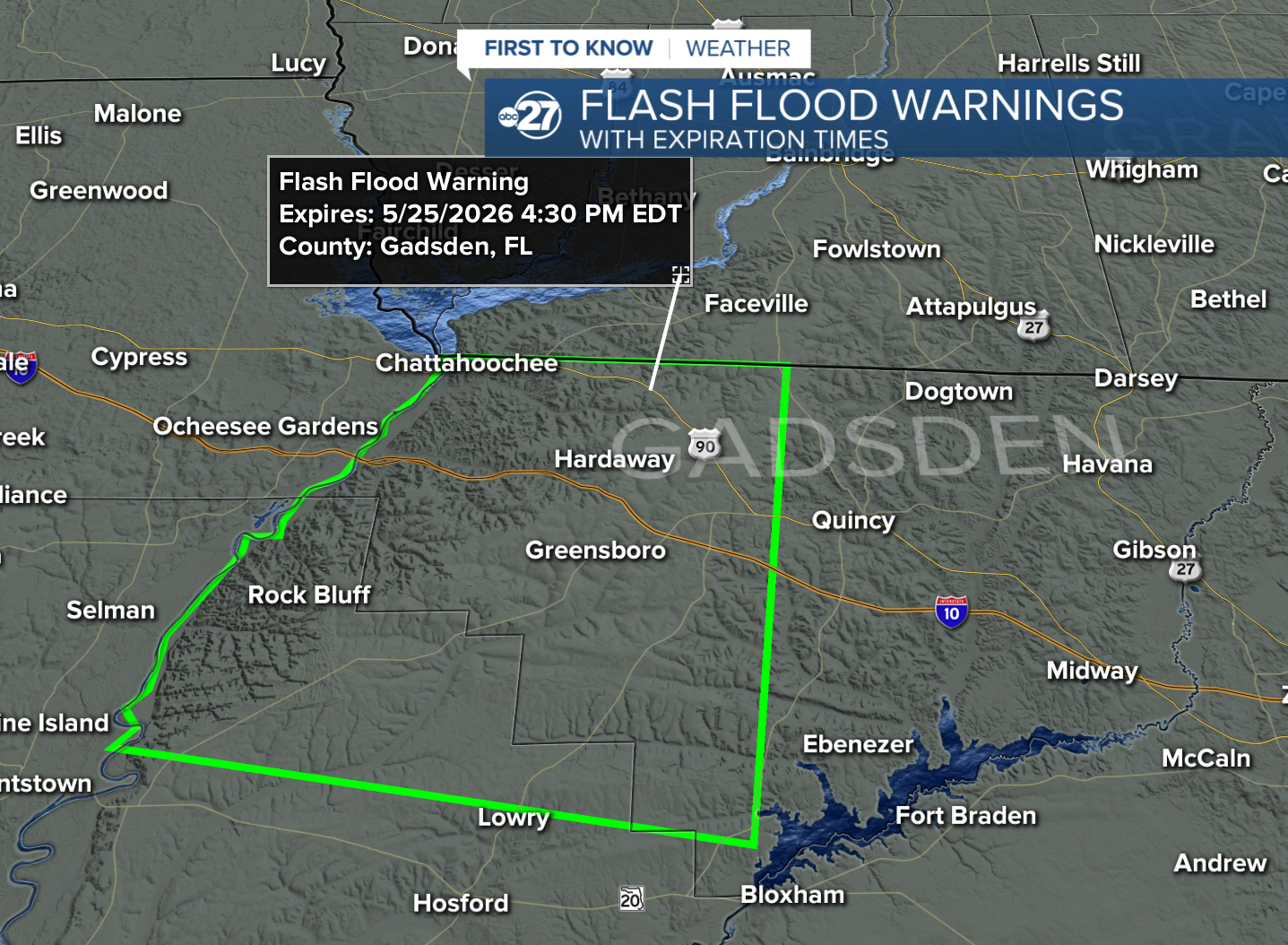 Flash flood warning coverage area (05/25/2026)