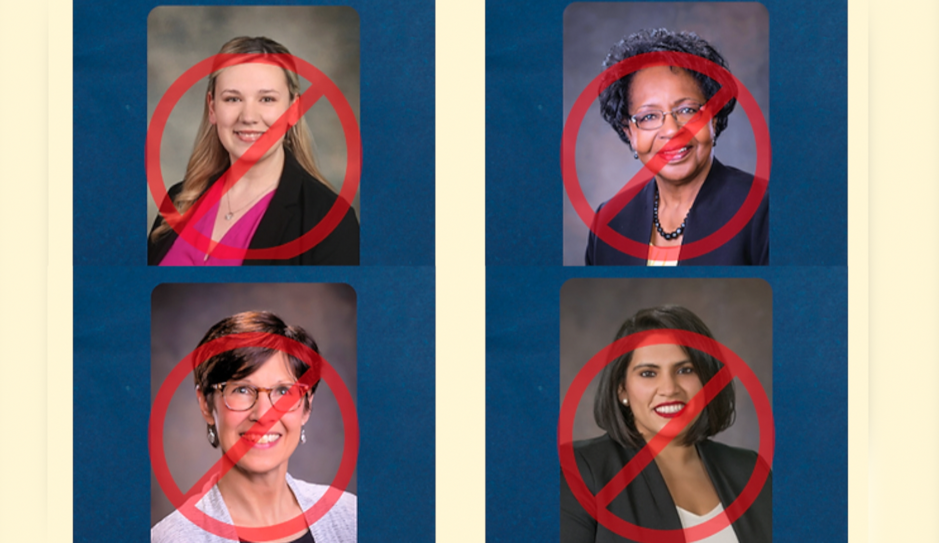 Four MPS School Board members with "no symbol" overlayed on their portraits
