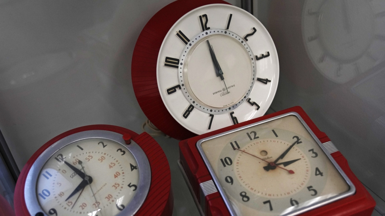 A selection of vintage clocks are displayed at the Electric Time Company in Massachusetts.