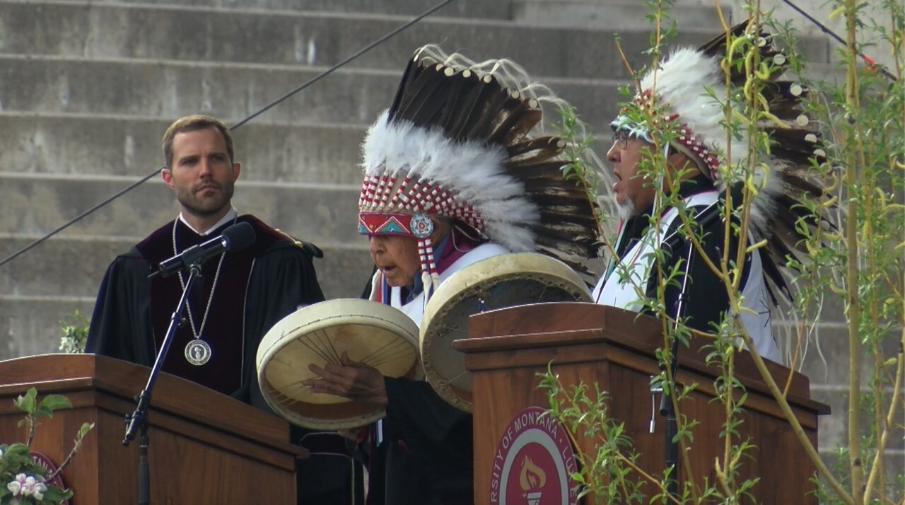 Chief Old Person along with Paul "Windy" Old Chief sing traditional Blackfeet song at University of Montana Spring 2021 Commencement