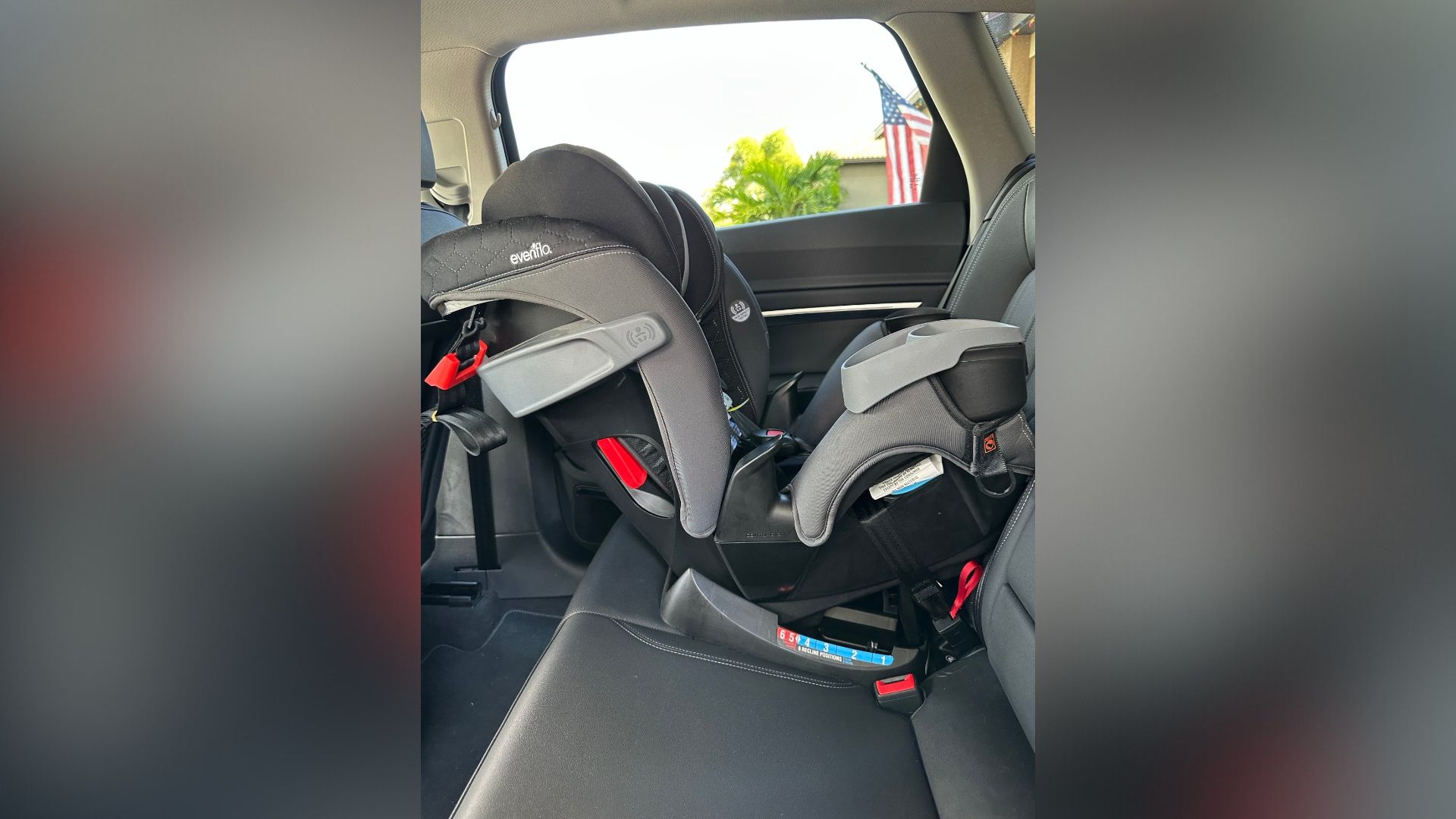 A recalled Evenflo car seat in a vehicle. 