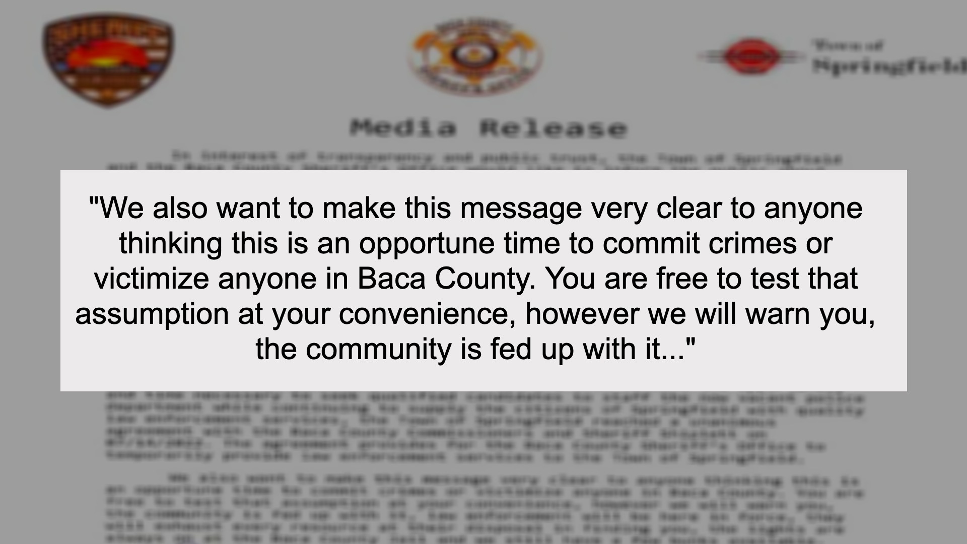 Baca Co Sheriff statement
