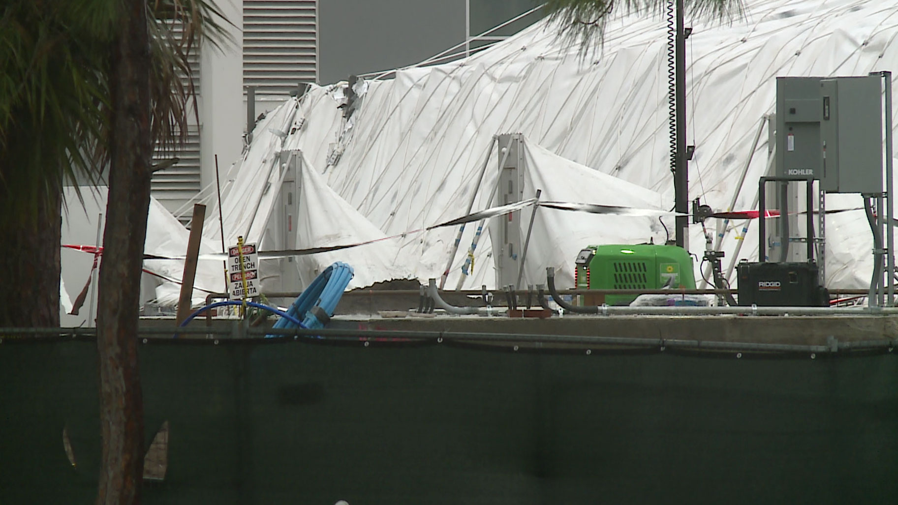 Video and pictures recorded on Nov. 15, 2023, show the dome for the TGL golf league was damaged by strong storms that hit Palm Beach Gardens.