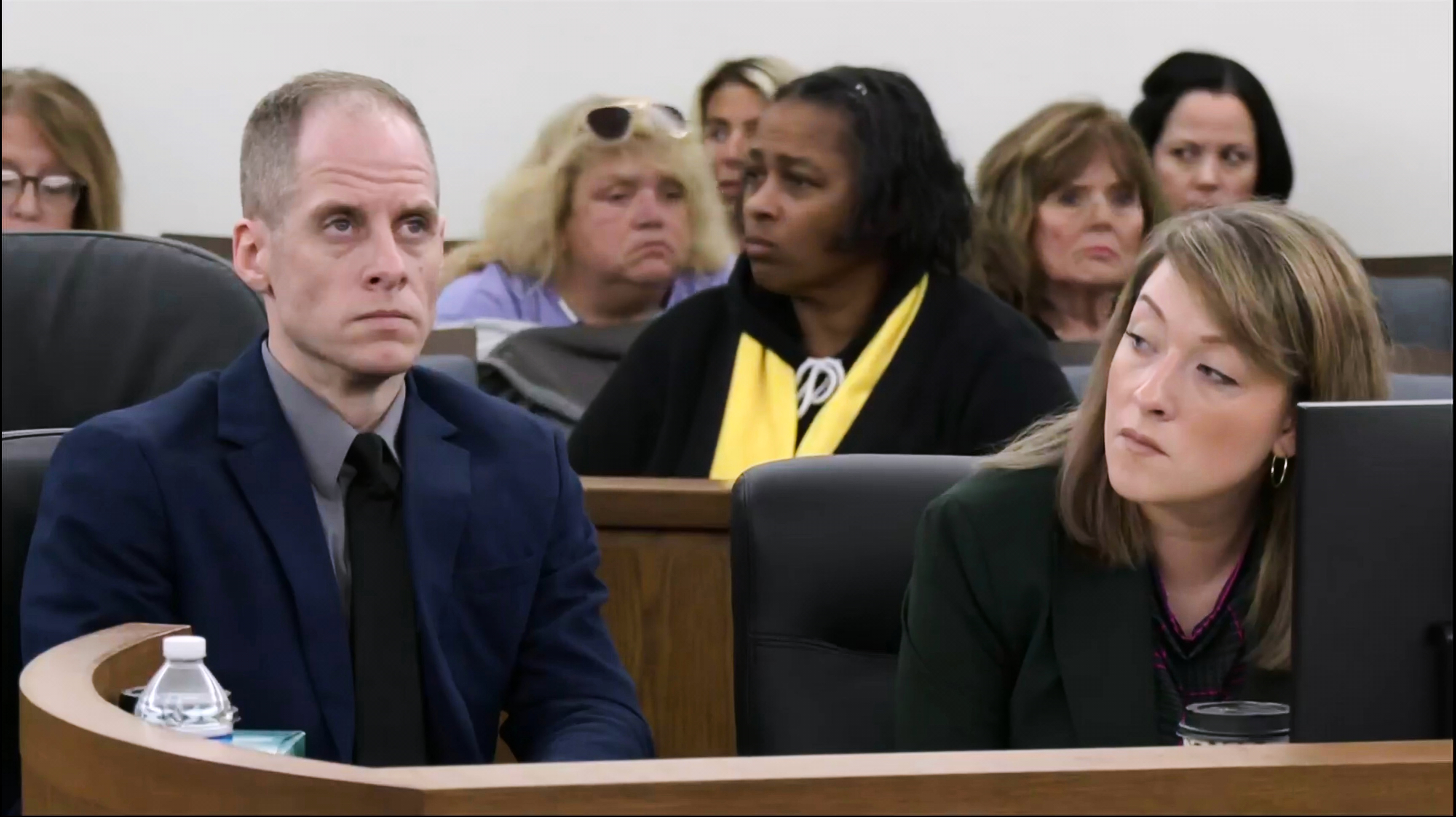 Caleb Flynn, left, sits next to Emily Smith, right, one of his attorneys on Monday, Sept. 28, 2026, in the Miami County Court of Common Pleas in Troy, Ohio.
