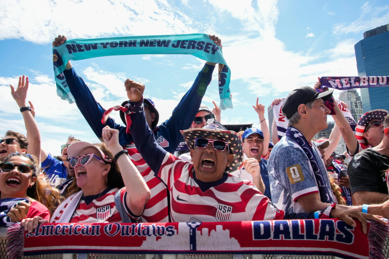 Fans celebrate during the announcement of the United States men’s national soccer team roster, Tuesday, May 26, 2026, in New York, ahead of the FIFA World Cup soccer tournament.