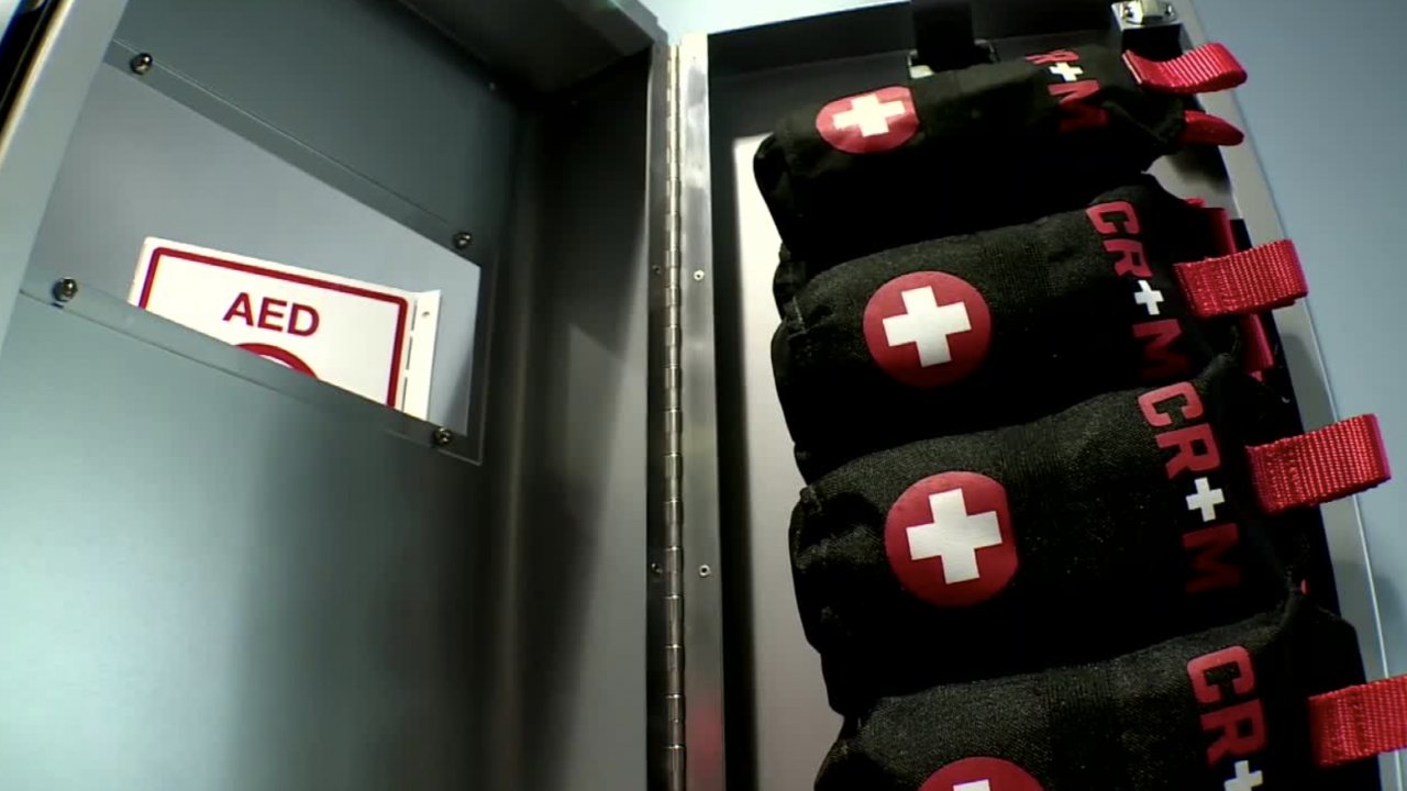 A 'Stop The Bleed' emergency kit on display in the Martin County School District