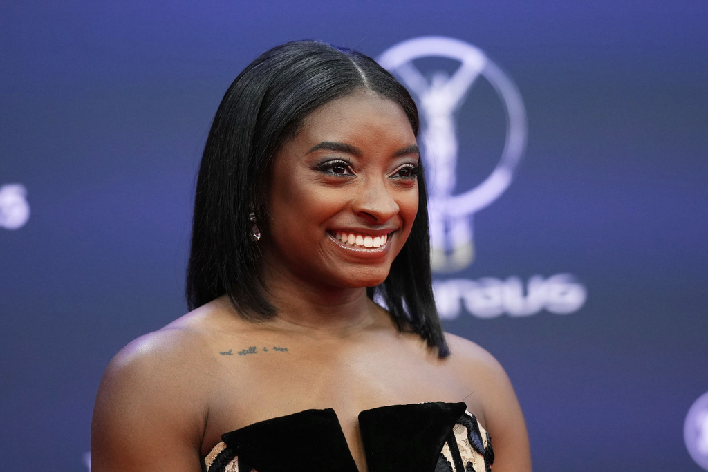 Simone Biles, of the United States, poses during the 2025 Laureus World Sports Awards in Madrid, Spain, Monday, April 21, 2025.