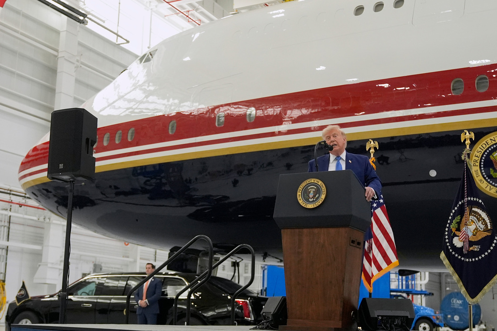 President Donald Trump speaks after touring the newly designated Air Force One presidential aircraft at Joint Base Andrews, Md., Friday, June 19, 2026. 
