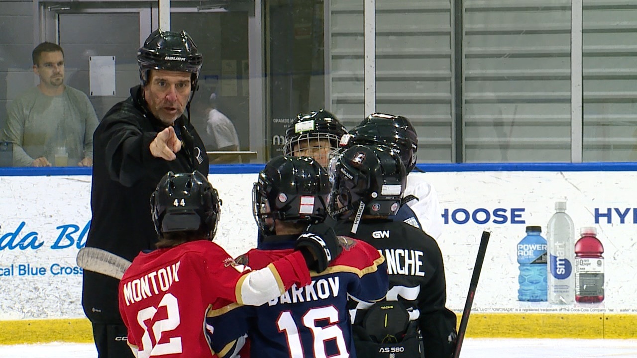 Neck guards on hockey rink
