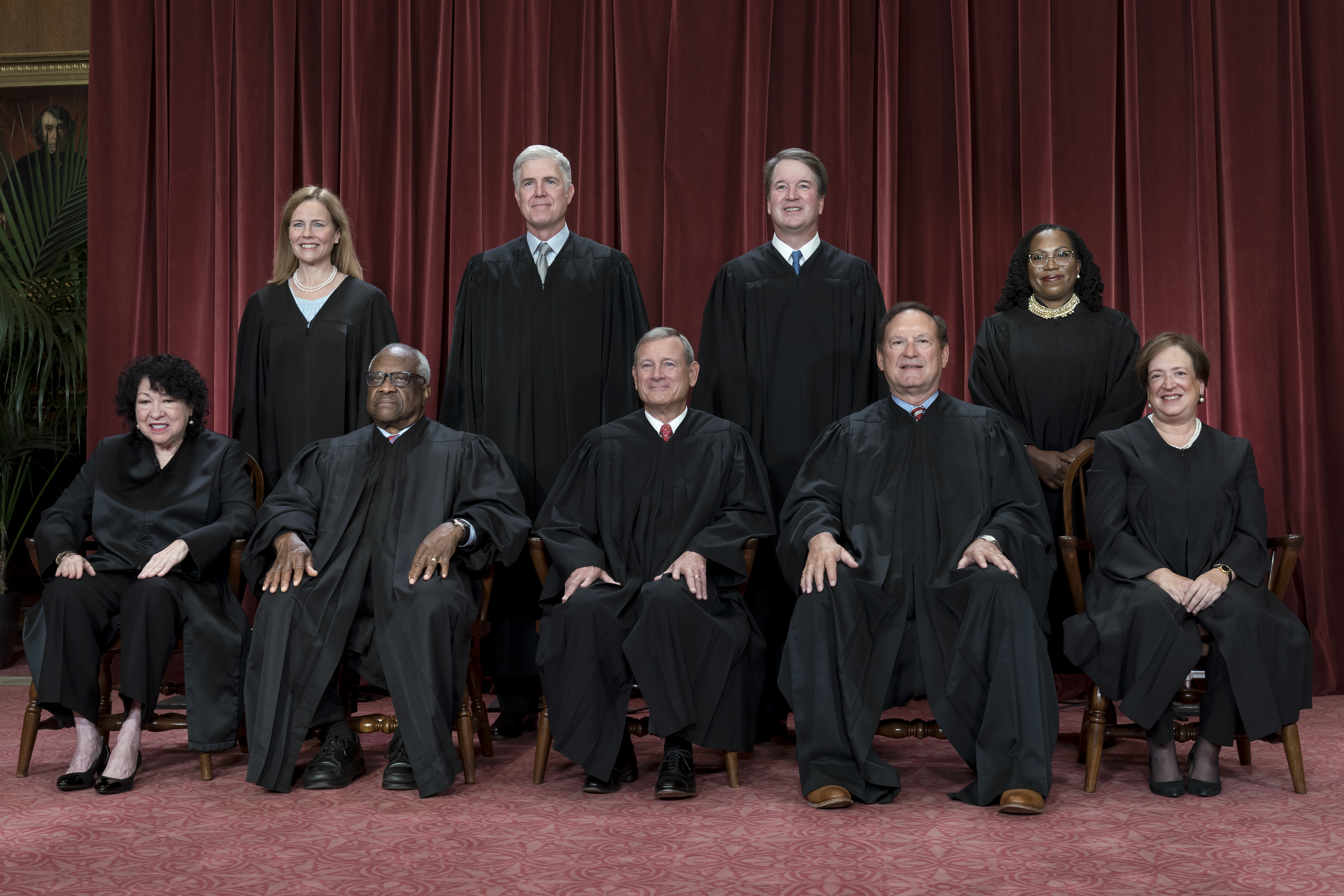 Sonia Sotomayor, Clarence Thomas, John Roberts, Samuel Alito, Elena Kagan, Amy Coney Barrett, Neil Gorsuch, Brett Kavanaugh, Ketanji Brown Jackson