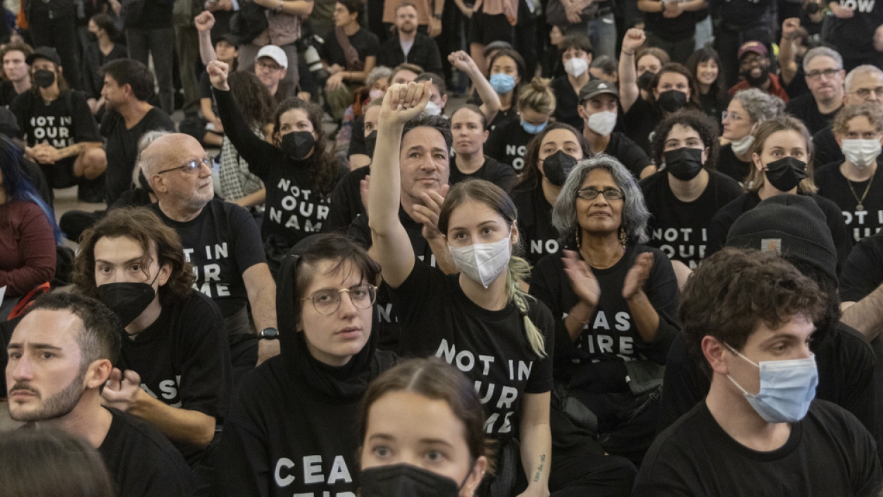 Protesters gather at Grand Central Terminal during a rally calling for a ceasefire.
