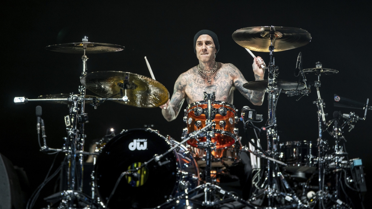 Travis Barker plays drums at Coachella.