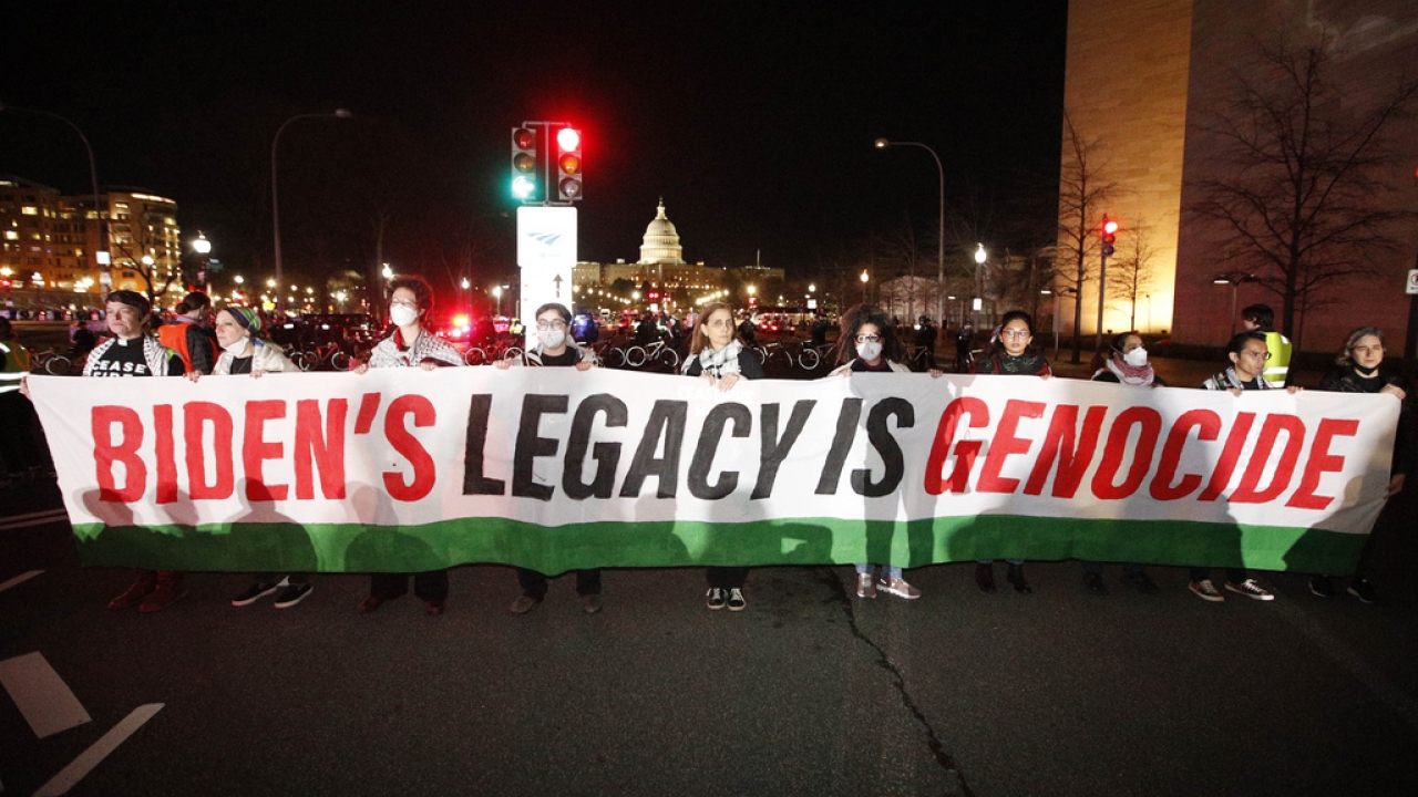 Protesters block Pennsylvania Ave. during a pro-Palestinian demonstration near the U.S. Capitol.