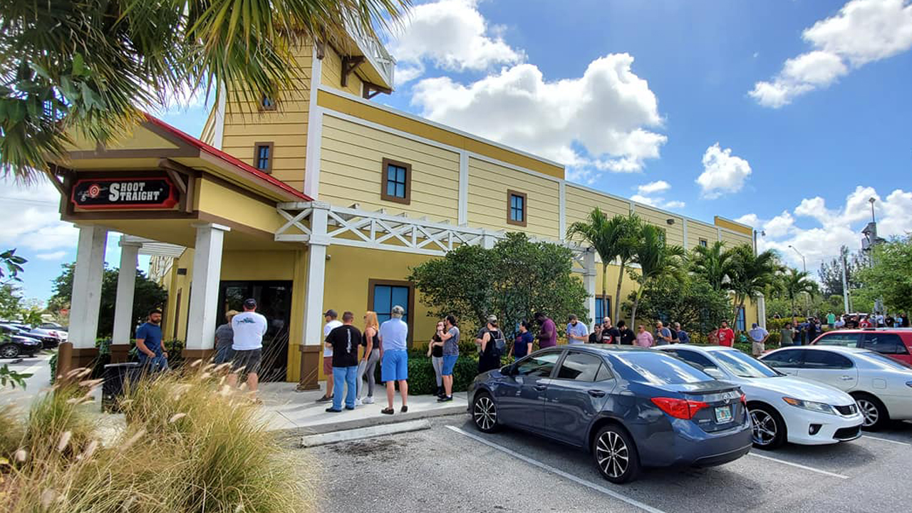 Outside the Shoot Straight gun store on Southern Boulevard near West Palm Beach on Saturday, March 21, 2020.