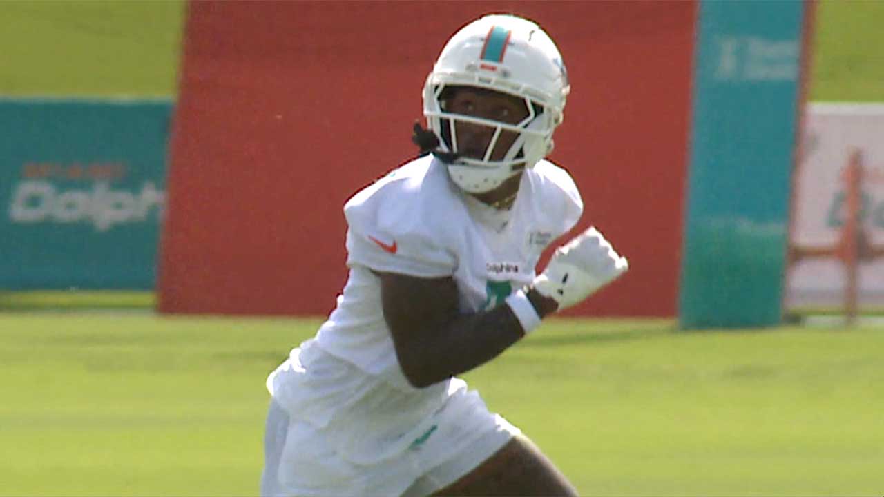 Miami Dolphins wide receiver Malik Washington performs drills on July 30, 2026, in Miami Gardens, Florida. 