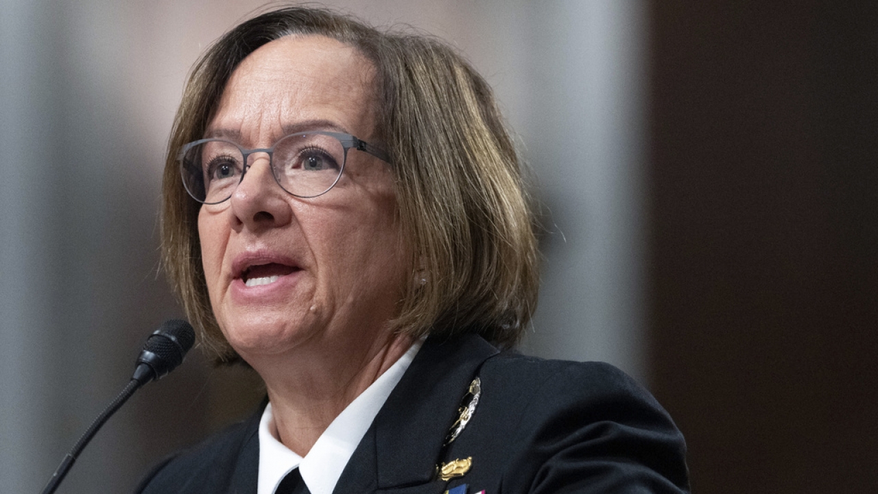 Navy Adm. Lisa Franchetti speaks during a Senate Armed Services Committee hearing.