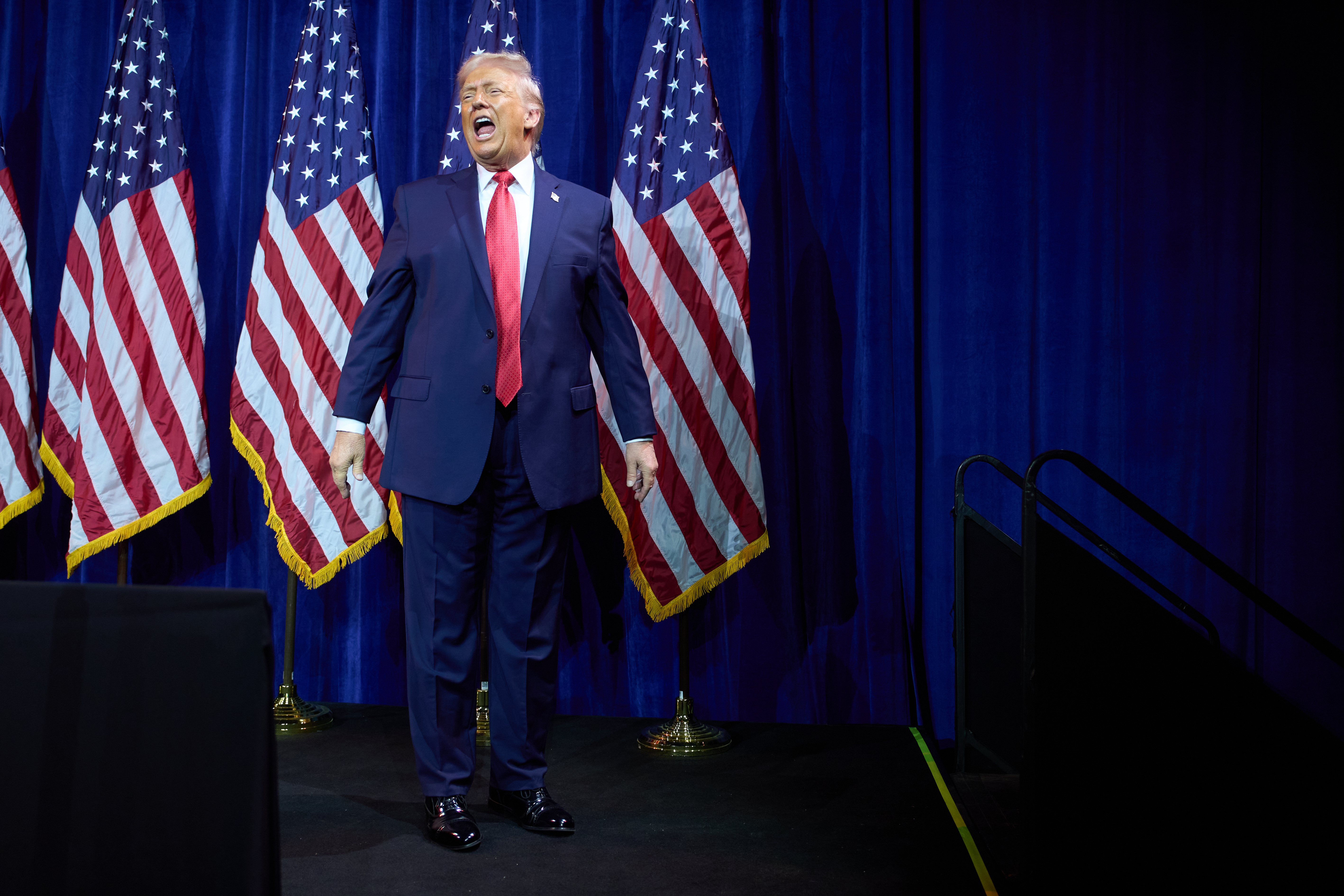 President Donald Trump walks off stage after speaking to House Republican lawmakers during their annual policy retreat, Tuesday, Jan. 6, 2026, in Washington. 