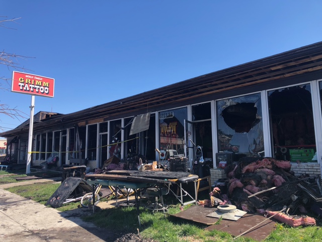 Charred remains of Grimm Tattoo