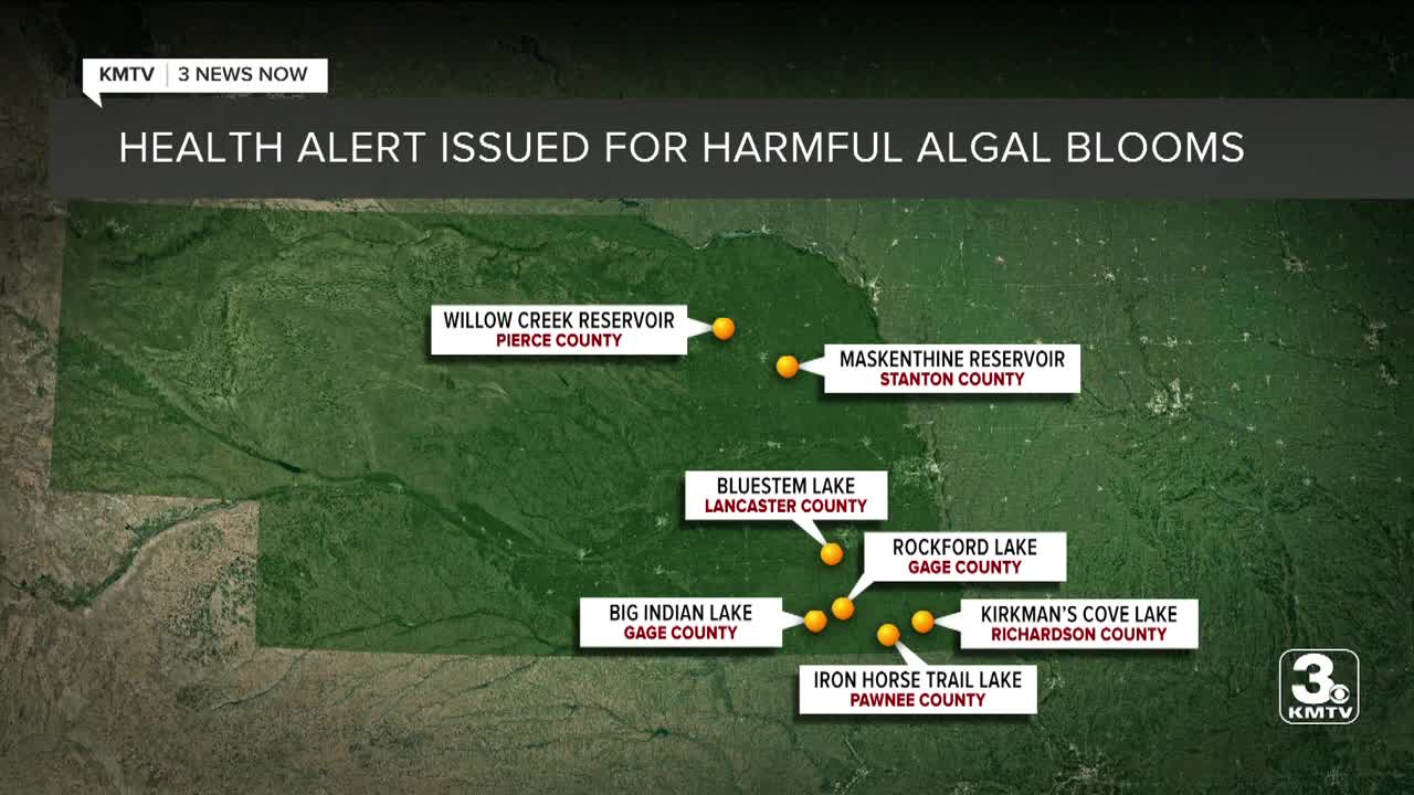 Map of lakes in Nebraska with harmful Algal bloom