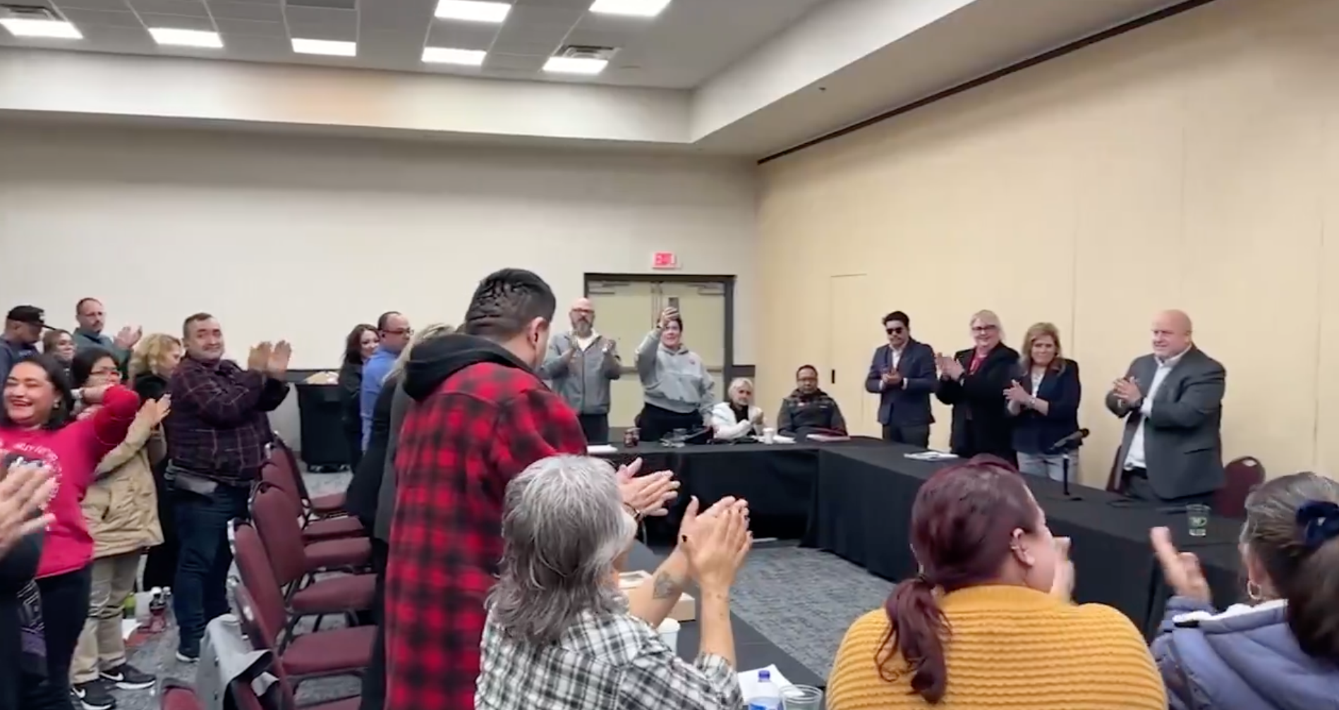 Culinary Workers Union members celebrate a deal with the Strat for a 5-year tentative workers agreement covering 700 members. 