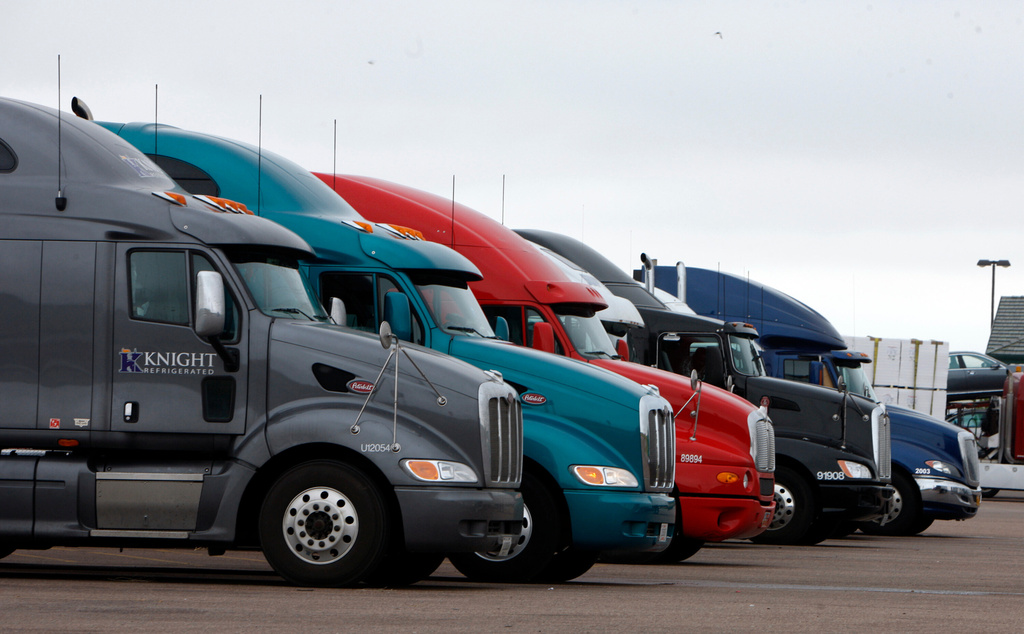 Big rigs stack up at the Flying J Truck Stop along Interstate 70 near the small Colorado plains community of Limon.