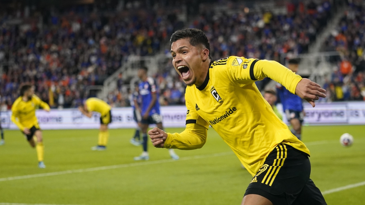 Columbus Crew forward Cucho Hernández celebrates a goal.