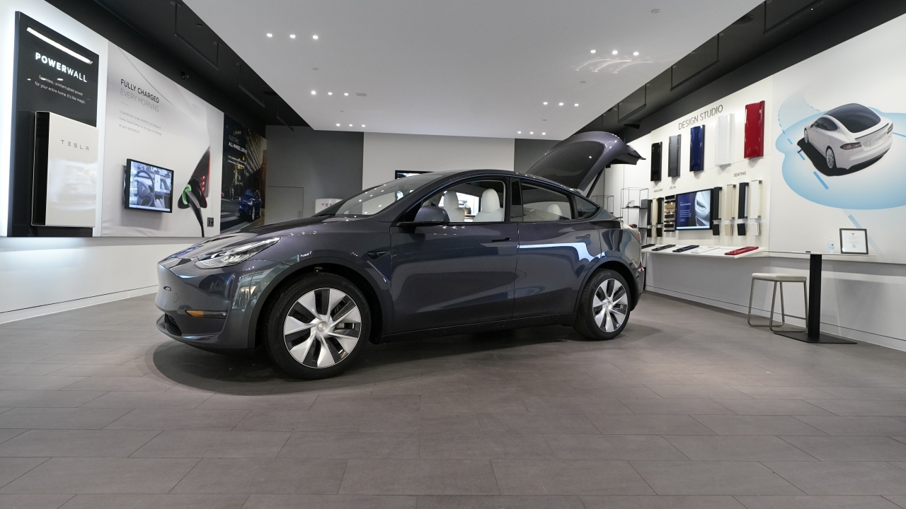 A Tesla Model Y Long Range on display.