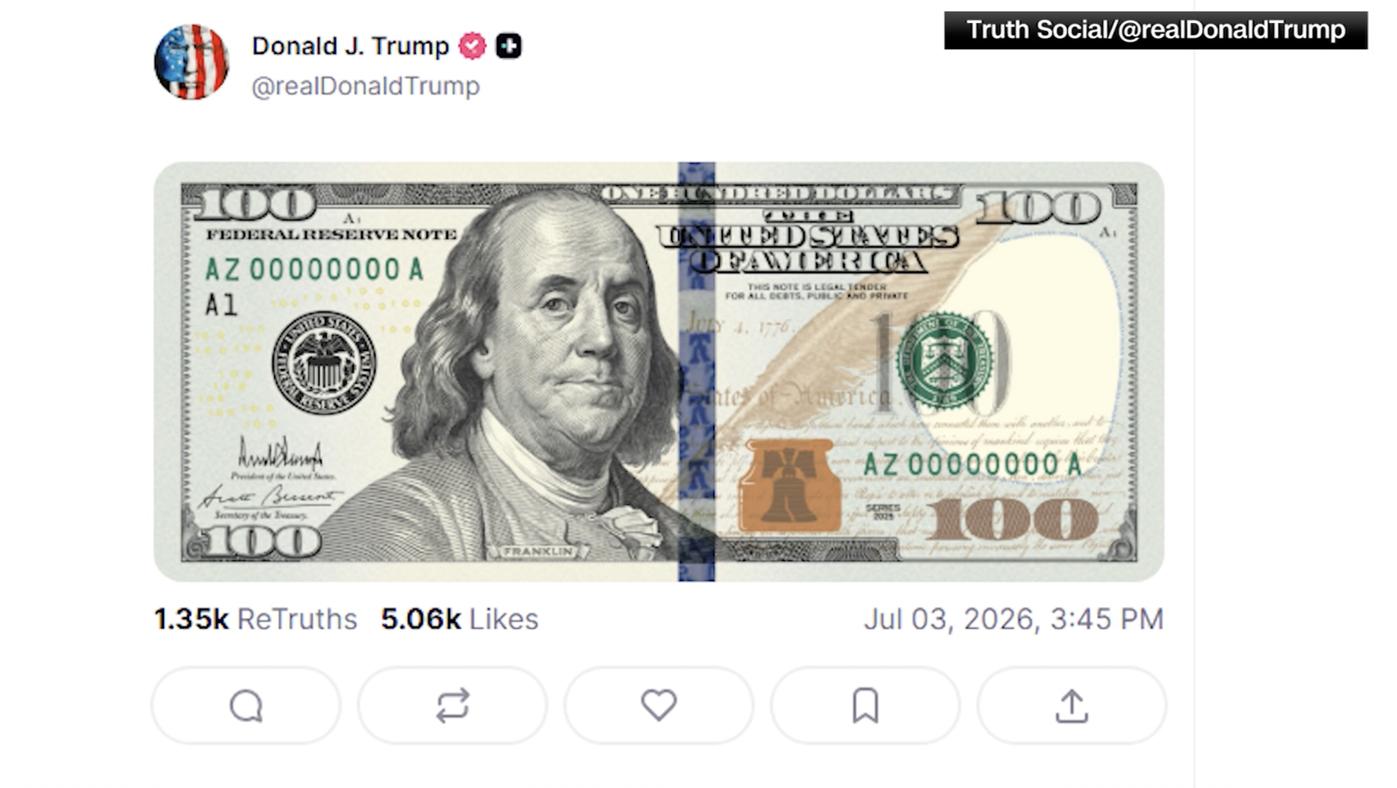 Photo of a $100 bill with President Trump's signature on it.