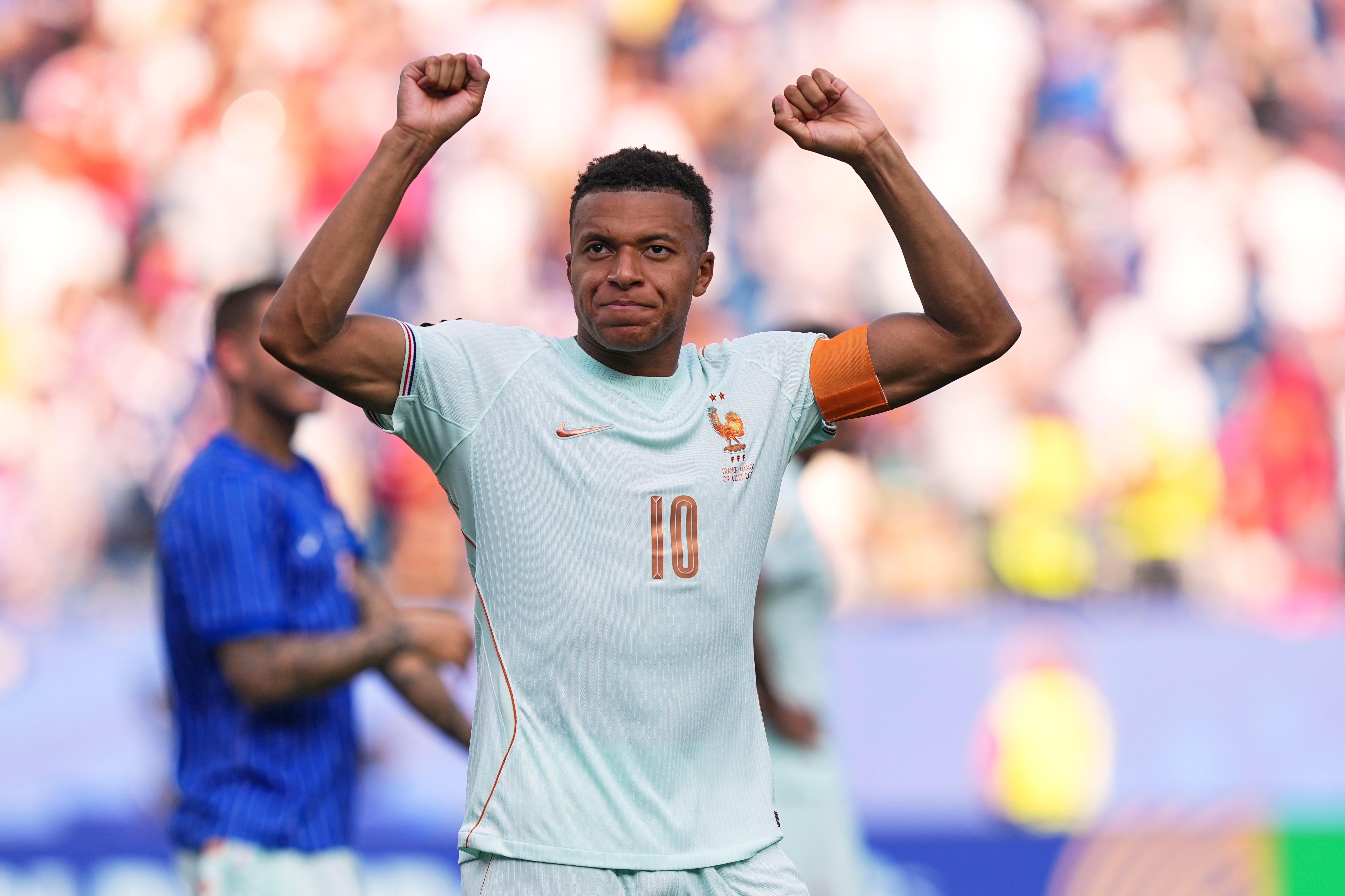 France's Kylian Mbappe celebrates after France defeated Morocco during the World Cup quarterfinal soccer match between France and Morocco in Foxborough, Mass., near Boston, Thursday, July 9, 2026.