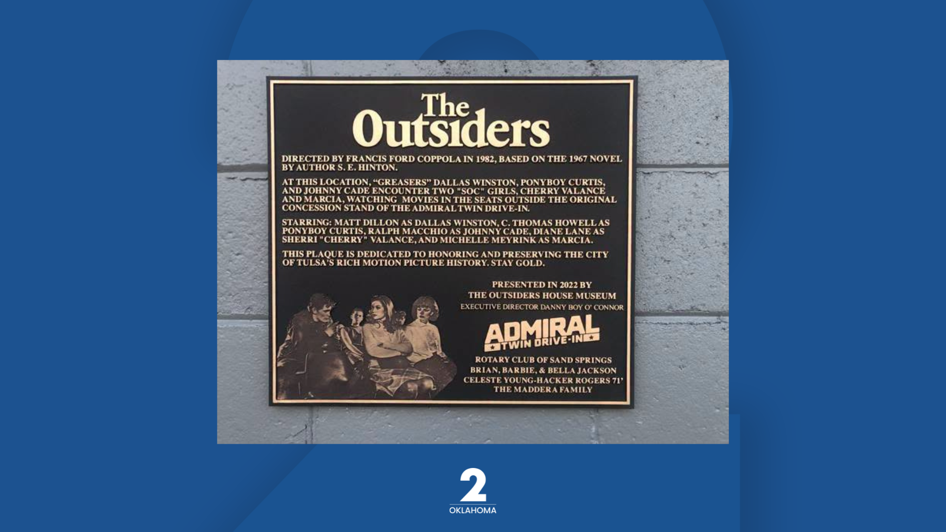 Outsiders commemorative plaque stolen from Admiral Twin Drive-In