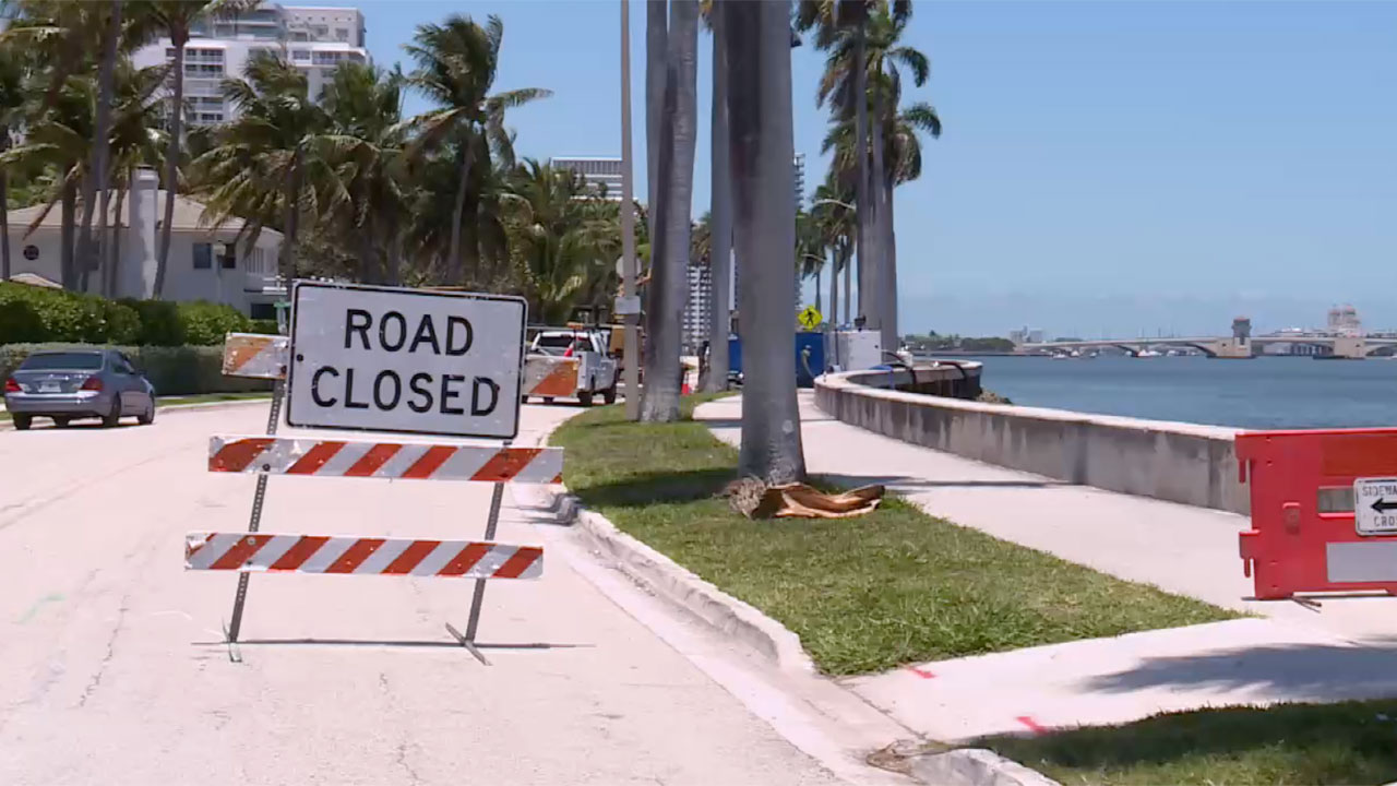 A road closed sign along Flagler Drive in West Palm Beach on May 15, 2026, as the city works to improve its flood protection program.