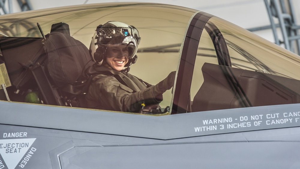 Capt. Anneliese Satz conducts pre-flight checks prior to a training flight aboard Marine Corps Air Station Beaufort, March 11. Satz graduated the F-35B Lighting II Pilot Training Program June and will be assigned to Marine Fighter Attack Squadron 121 in Iwakuni, Japan. 