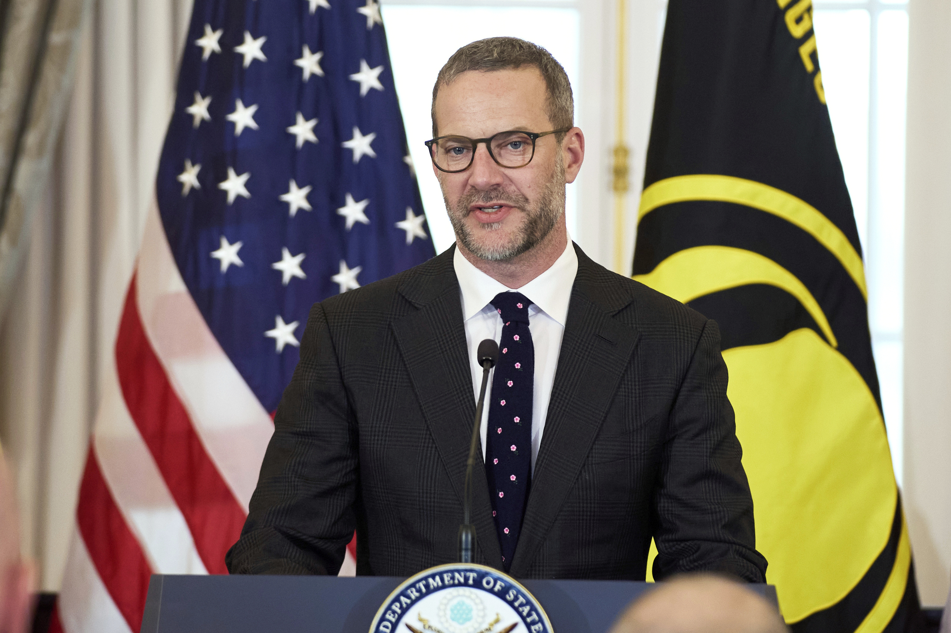 U.S. presidential envoy for hostage affairs Adam Boehler speaks during a ceremony to raise the Hostage and Wrongful Detainee flag at the State Department, March 6, 2025, in Washington. 
