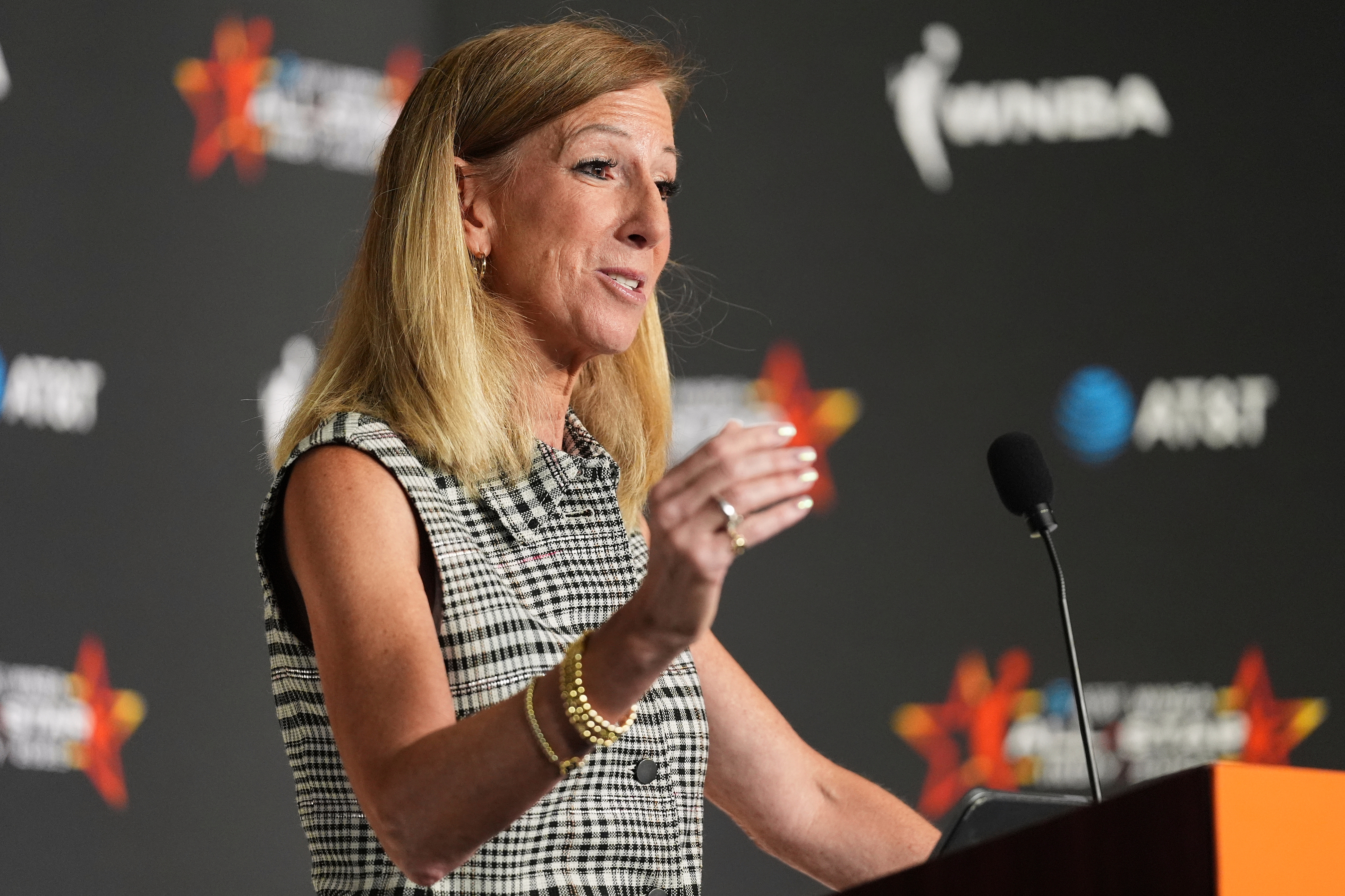 FILE - WNBA Commissioner Cathy Engelbert speaks during a news conference before the WNBA All-Star basketball game, July 19, 2025, in Indianapolis. 