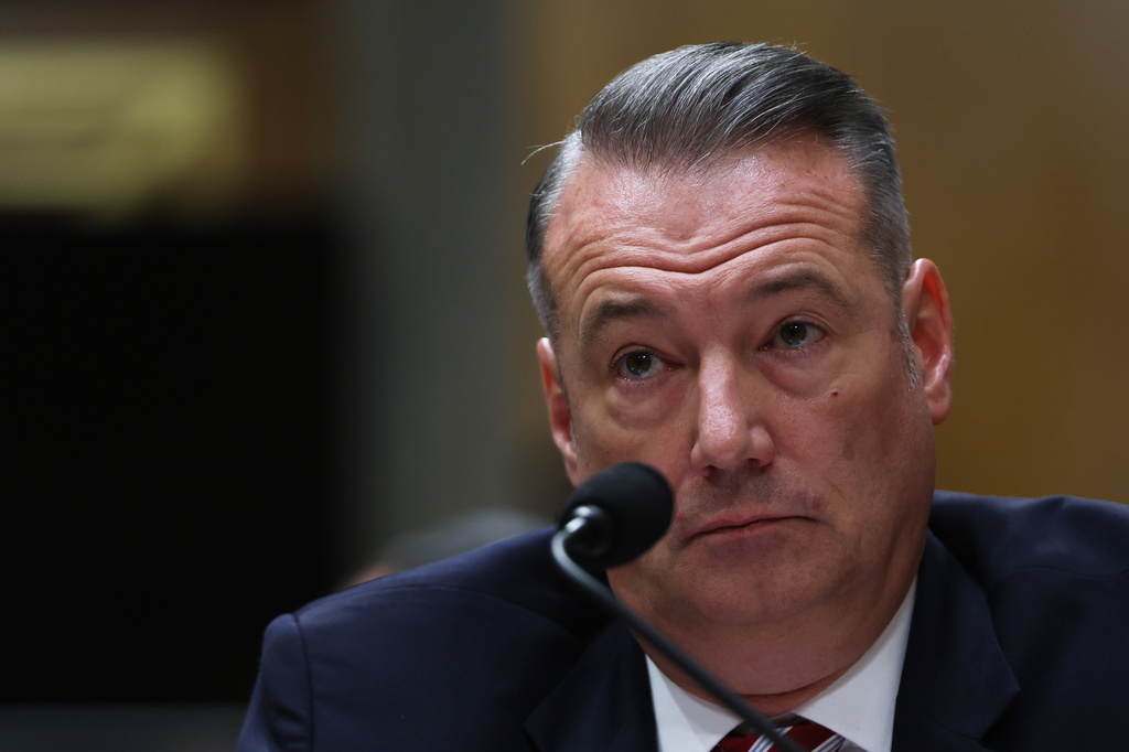 Todd Lyons, senior official performing the duties of the director at U.S. Immigration and Customs Enforcement, listens during a Senate Homeland Committee hearing on Capitol Hill in Washington, Feb. 12, 2026. 