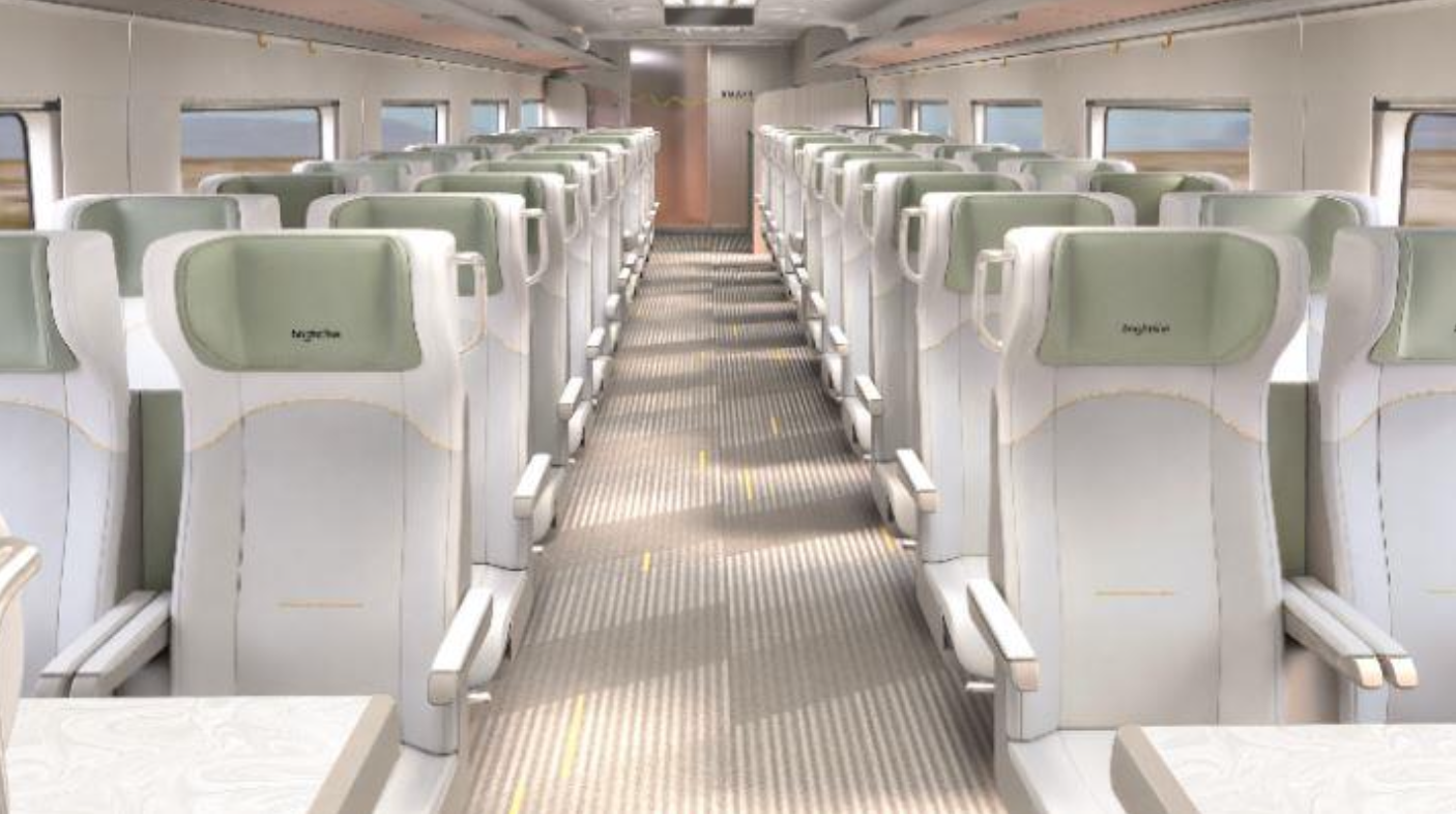 Brightline rendering of standard class seating planned for Brightline West trains between Las Vegas and Southern California