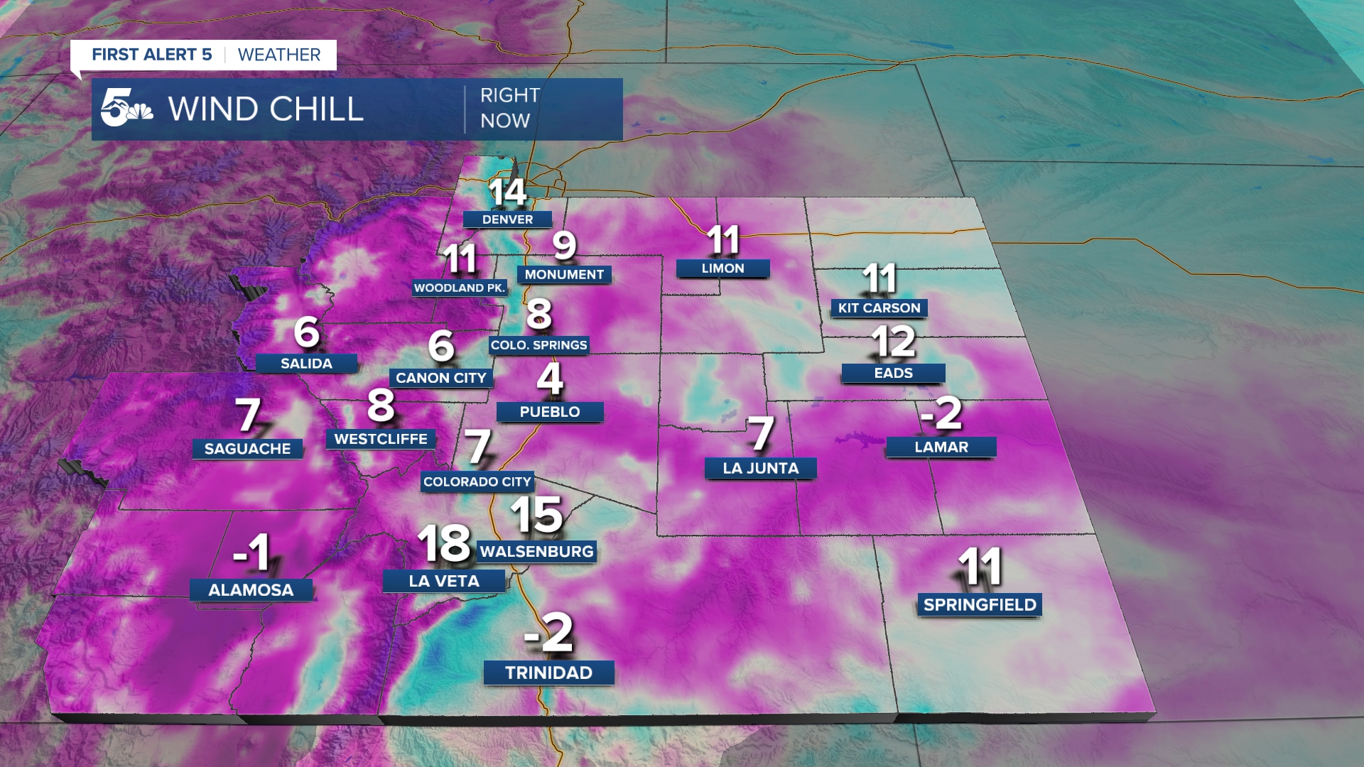 Wind chills in southern Colorado at 9:00 AM on Saturday, January 10th, 2026