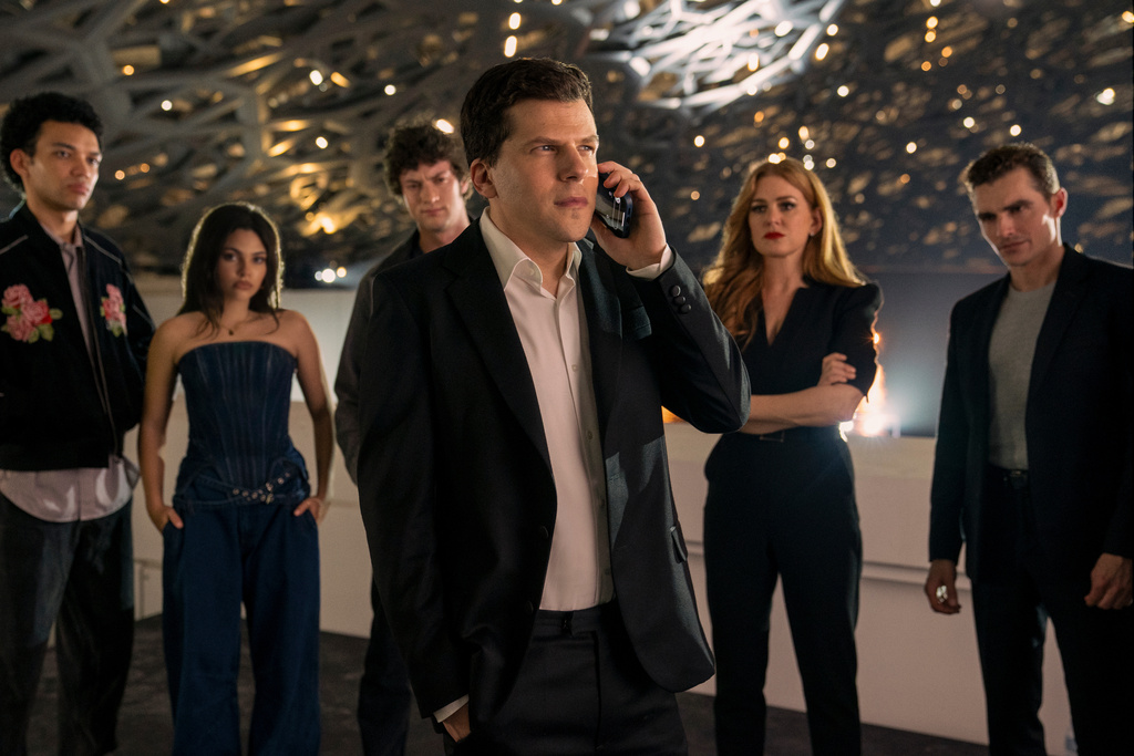 This image released by Lionsgate shows, from left, Justice Smith, Ariana Greenblatt, Dominic Sessa, Jesse Eisenberg, Isla Fisher and Dave Franco in a scene from "Now You See Me: Now You Don't." 