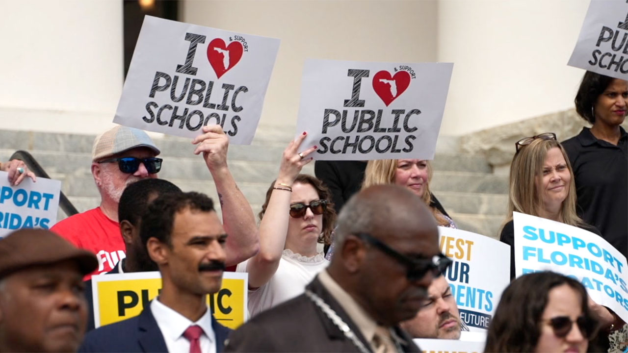 Educators and allies rallied in Tallahassee on May 5, 2026, urging lawmakers to put more money into public schools when they return next week to finish the state budget.