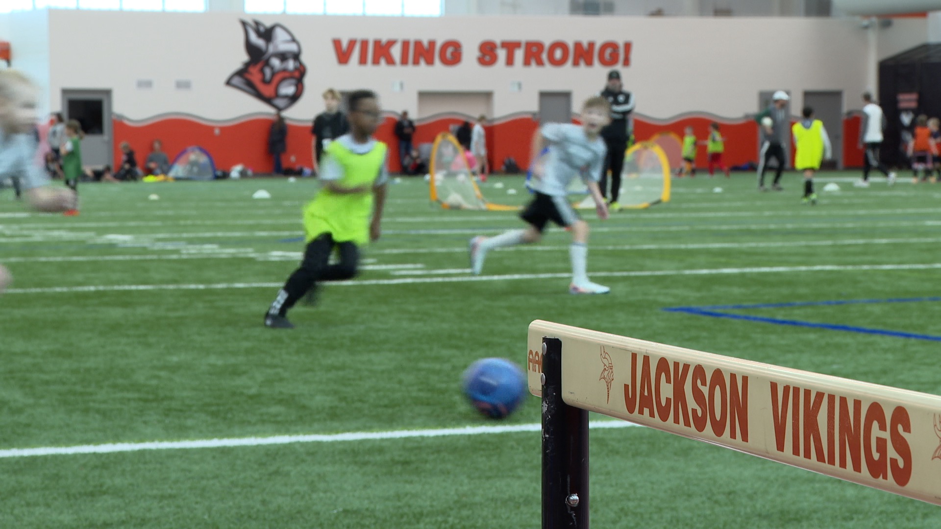 Kids play soccer at Glick Fieldhouse in Jackson