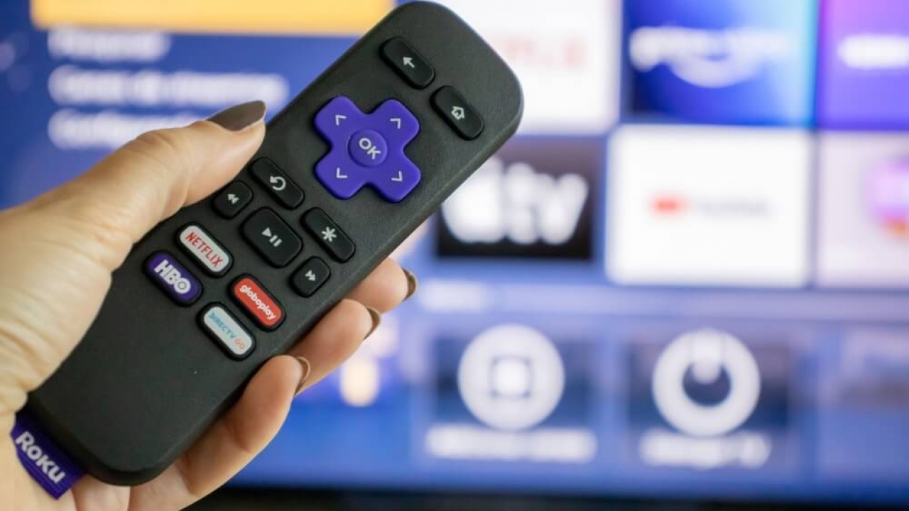 A person holding a Roku remote.