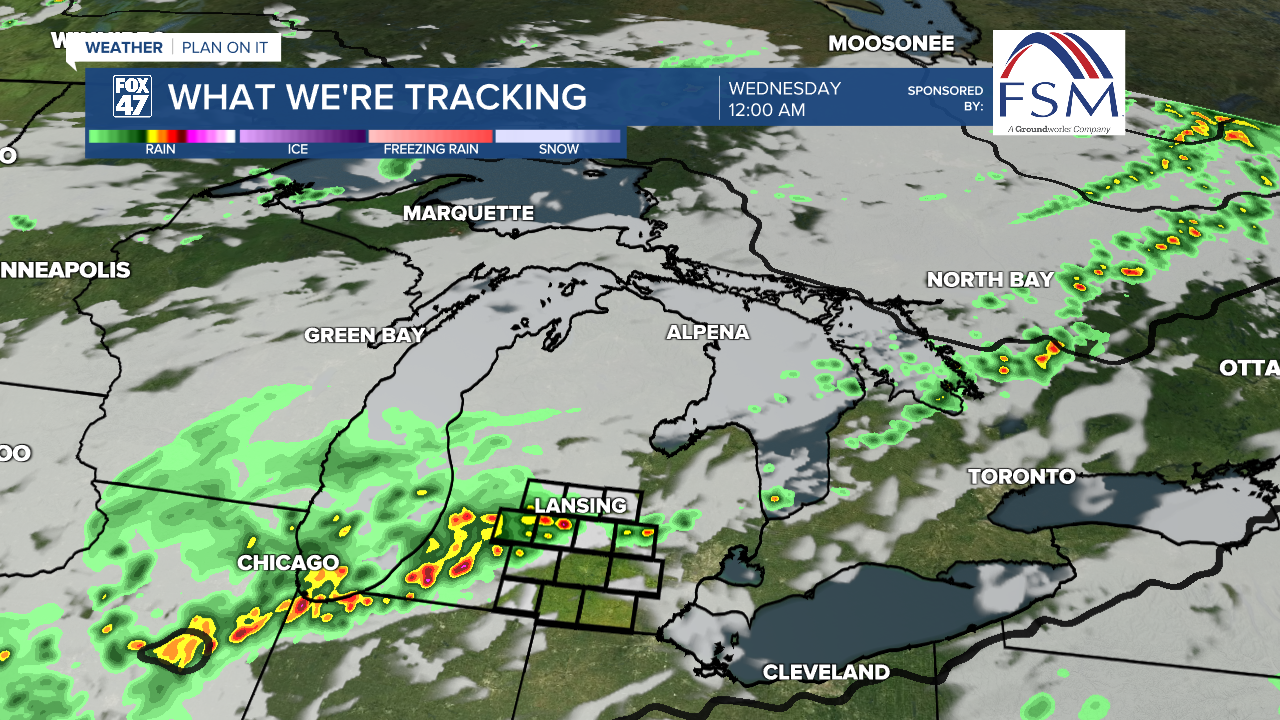 Line of showers and storms develop ahead of sinking cold front