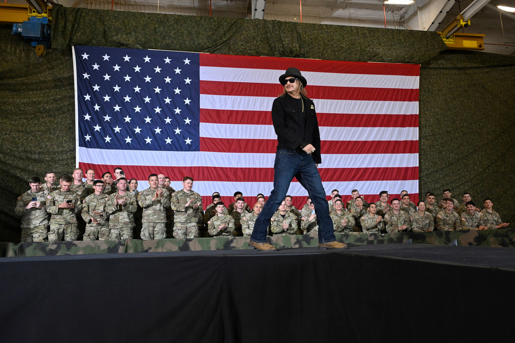 Kid Rock comes on stage to speak and introduce Vice President JD Vance during a visit to Fort Campbell, Ky., Wednesday, Nov. 26, 2025. 