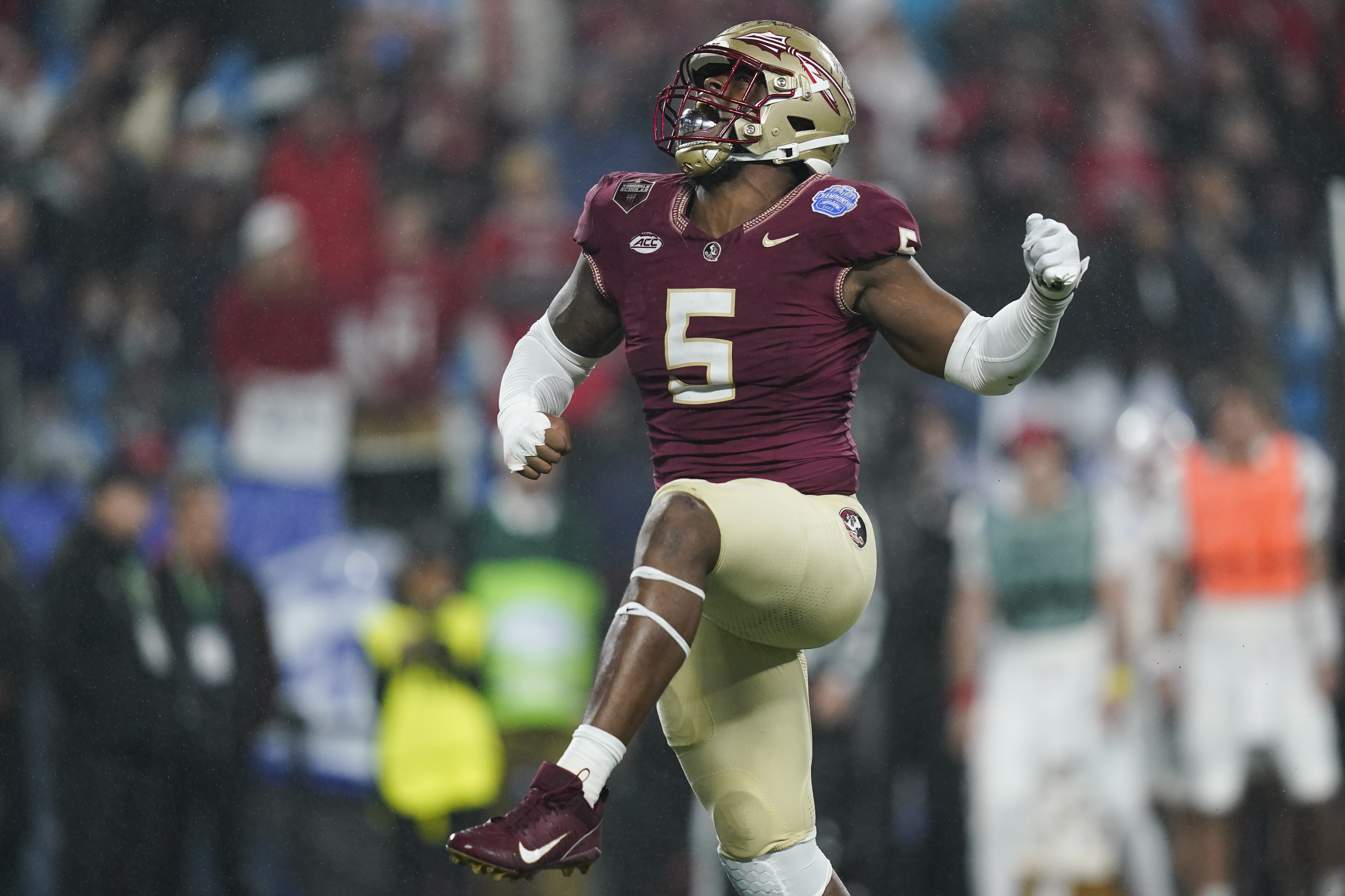 Florida State Seminoles defensive end Jared Verse celebrates during second half of 2023 ACC Championship