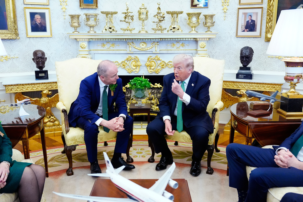 President Donald Trump speaks during a meeting with Irish Prime Minister Micheál Martin in the Oval Office of the White House, on St. Patrick's Day, Tuesday, March 17, 2026, in Washington.