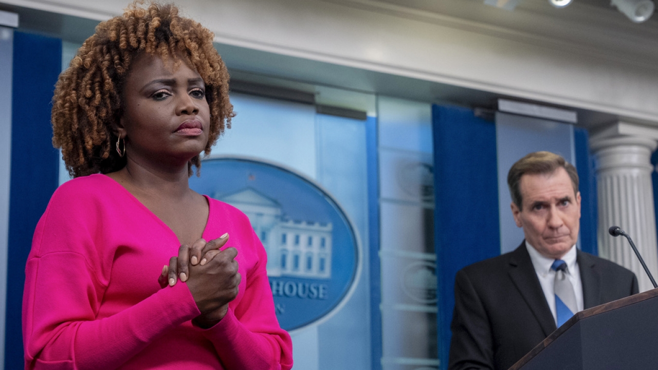 White House national security communications adviser John Kirby, accompanied by press secretary Karine Jean-Pierre.