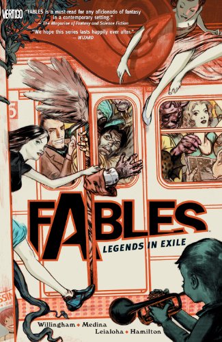 The cover for the first trade paperback volume of "Fables", reworked from the cover of the series' first issue. Fairy tale characters are crowded onto a subway train, many of them looking at the reader.