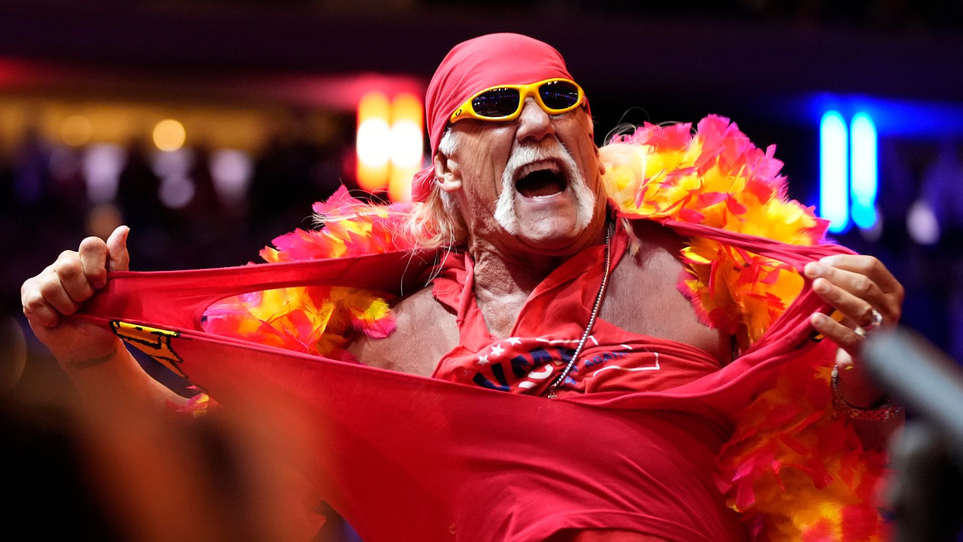Hulk Hogan rips his shirt before Republican presidential nominee former President Donald Trump speaks at a campaign rally at Madison Square Garden, Oct. 27, 2024, in New York. 
