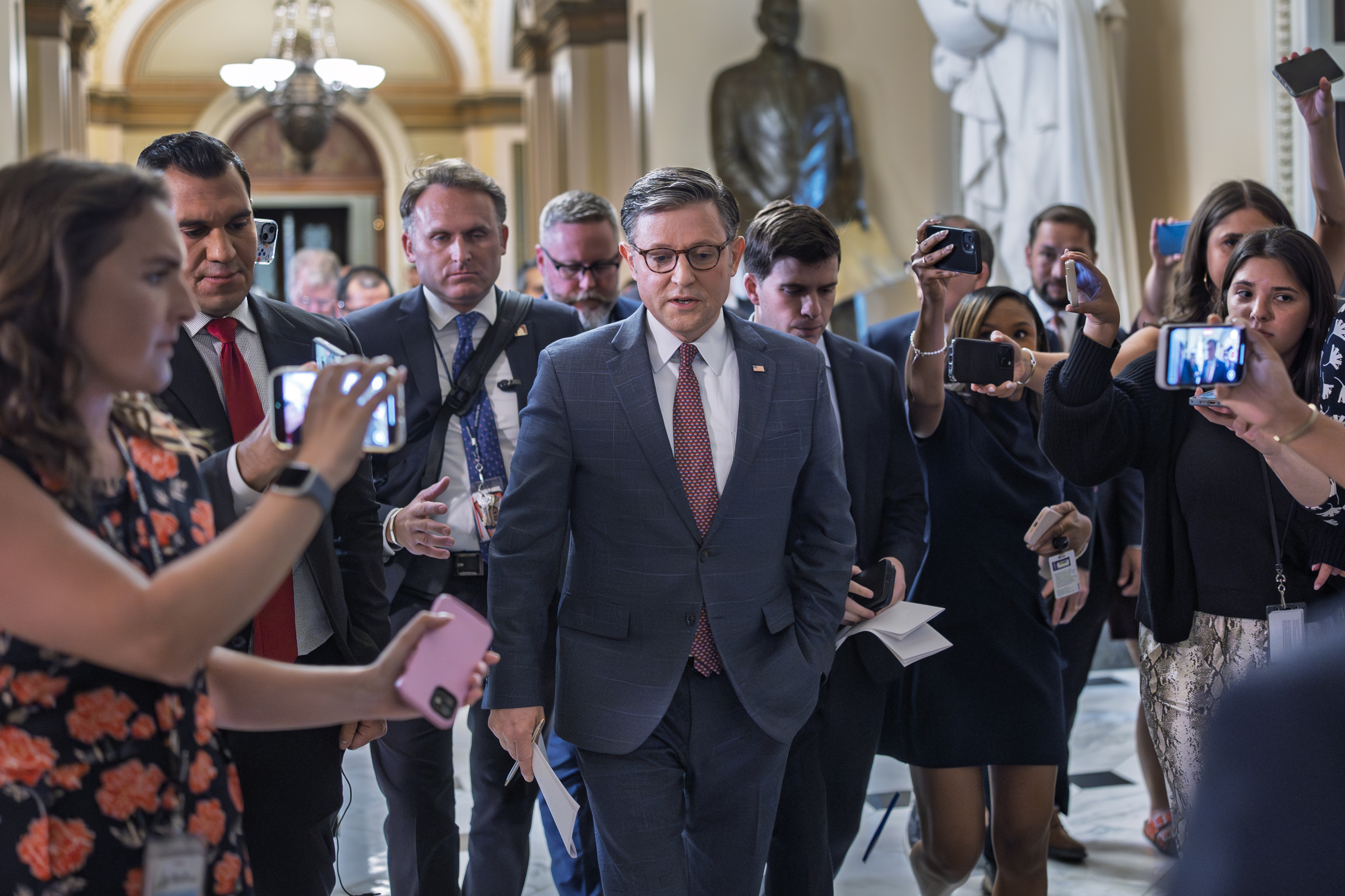 Speaker of the House Mike Johnson, R-La., answers reporters about calls to release documents related to Jeffrey Epstein, at the Capitol in Washington, Monday, July 21, 2025. 